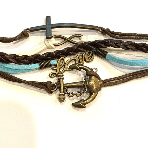 Brown White Aqua Love Cross Anchor Leather Wrap Bracelet 8” - Picture 2 of 3